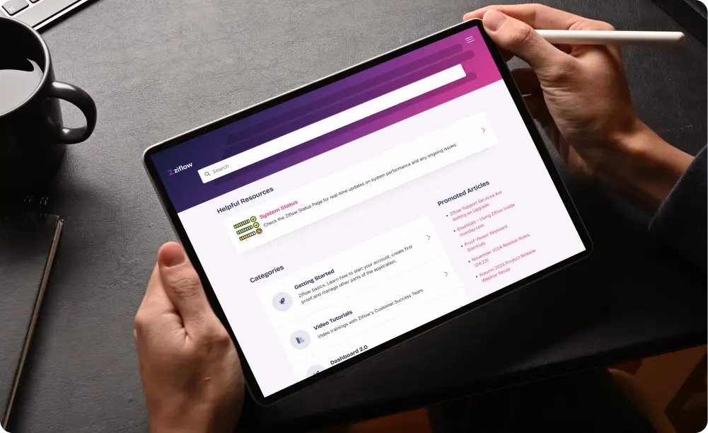 Ziflow Help Center displayed on users tablet-1